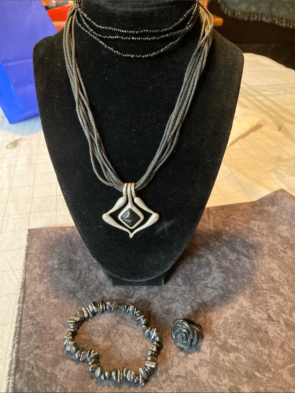 4 Pc Black Jewelry Bundle Necklaces Bracelet Ring